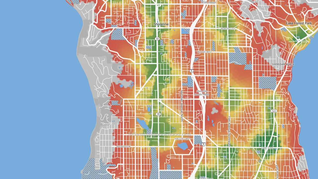 Walk Grade map of 98133, WA, walkable areas in green and car-dependent areas in red