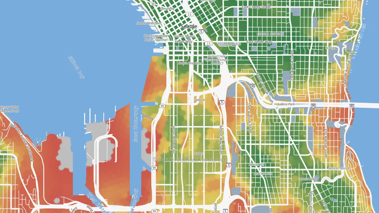 Walk Grade map of 98134, WA, walkable areas in green and car-dependent areas in red