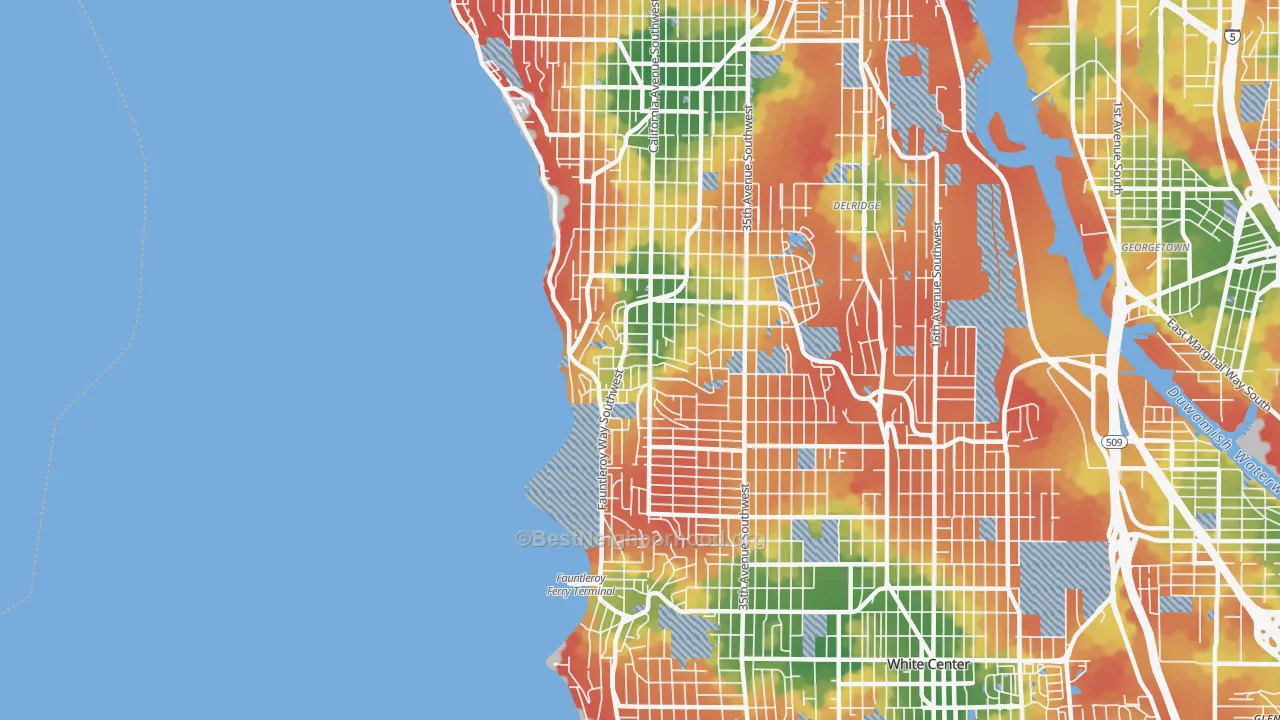 Walk Grade map of 98136, WA, walkable areas in green and car-dependent areas in red