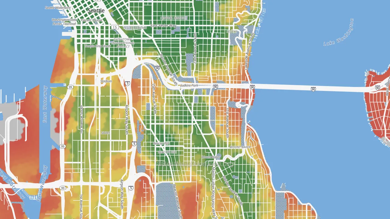 Walk Grade map of 98144, WA, walkable areas in green and car-dependent areas in red