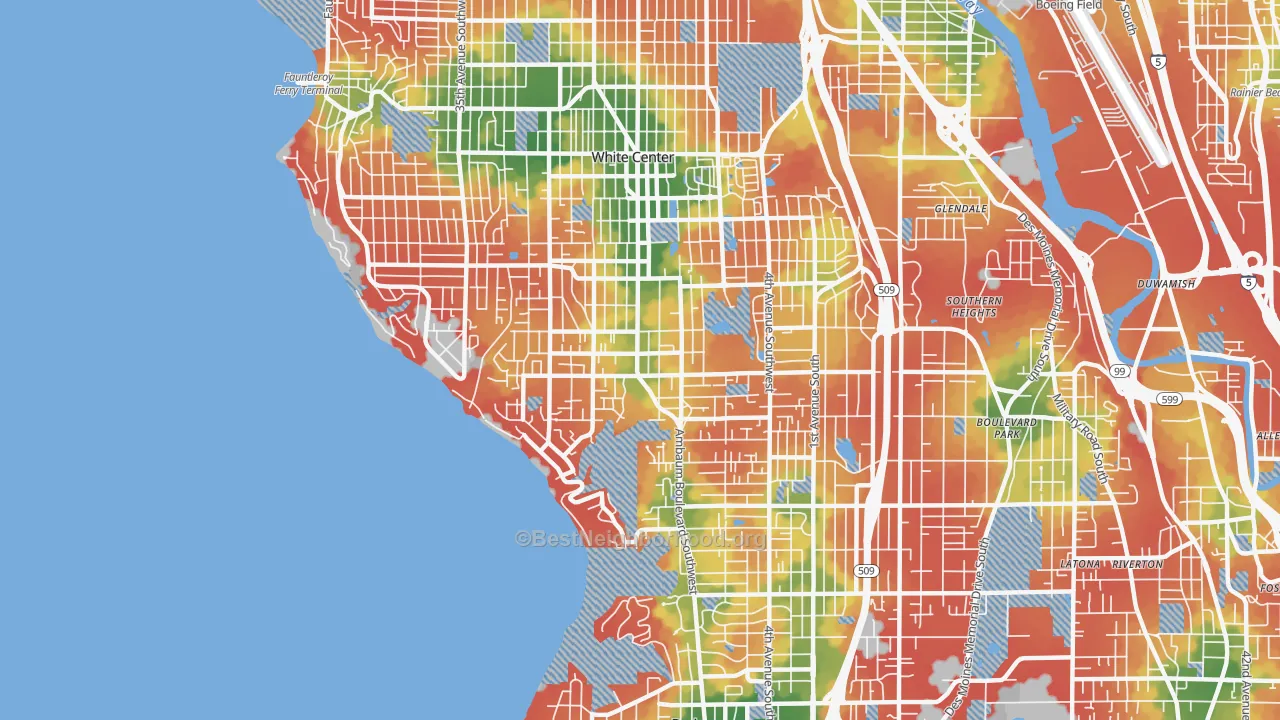 Walk Grade map of 98146, WA, walkable areas in green and car-dependent areas in red