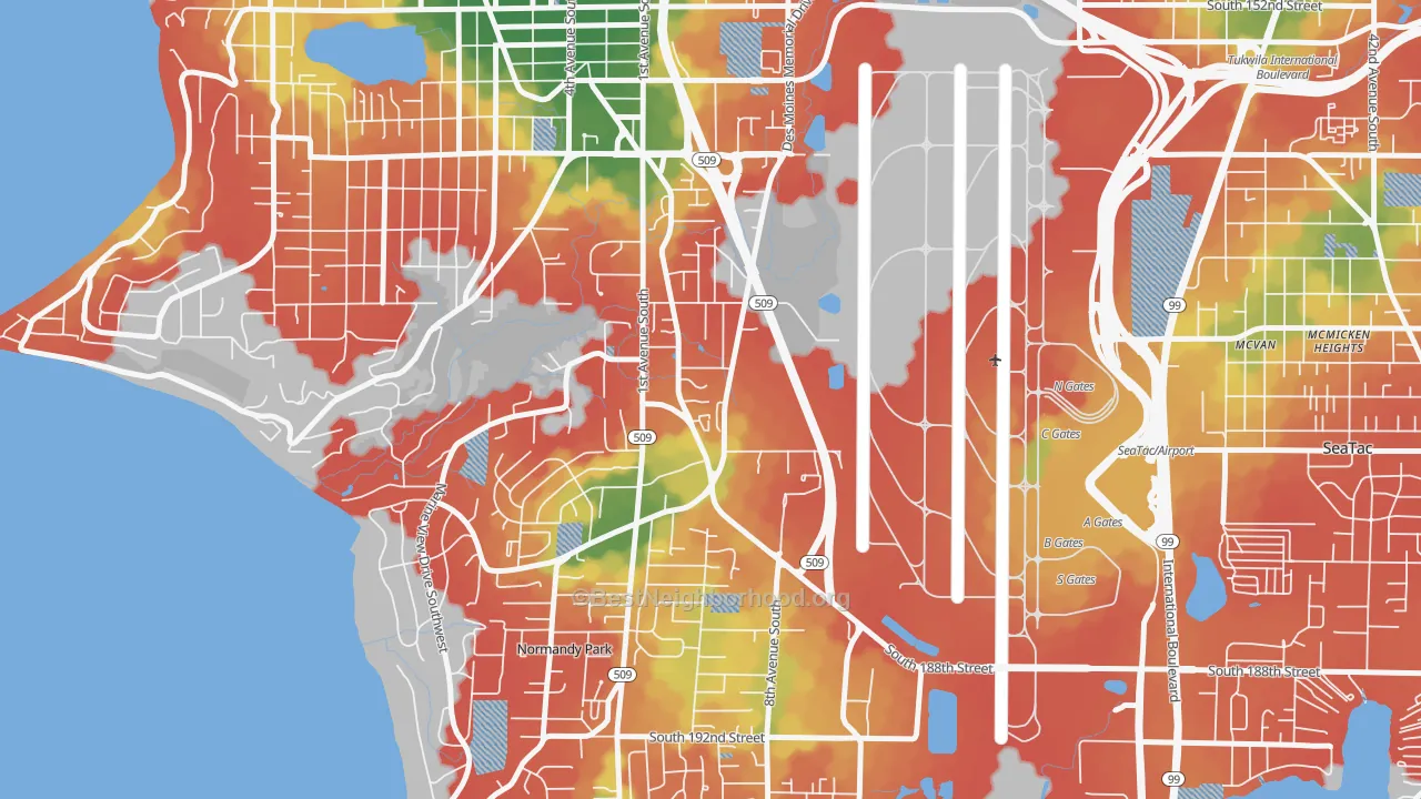 Walk Grade map of 98148, WA, walkable areas in green and car-dependent areas in red
