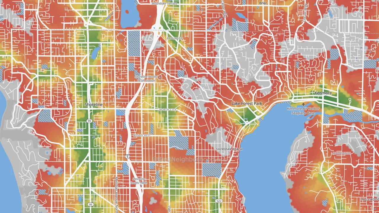Walk Grade map of 98155, WA, walkable areas in green and car-dependent areas in red