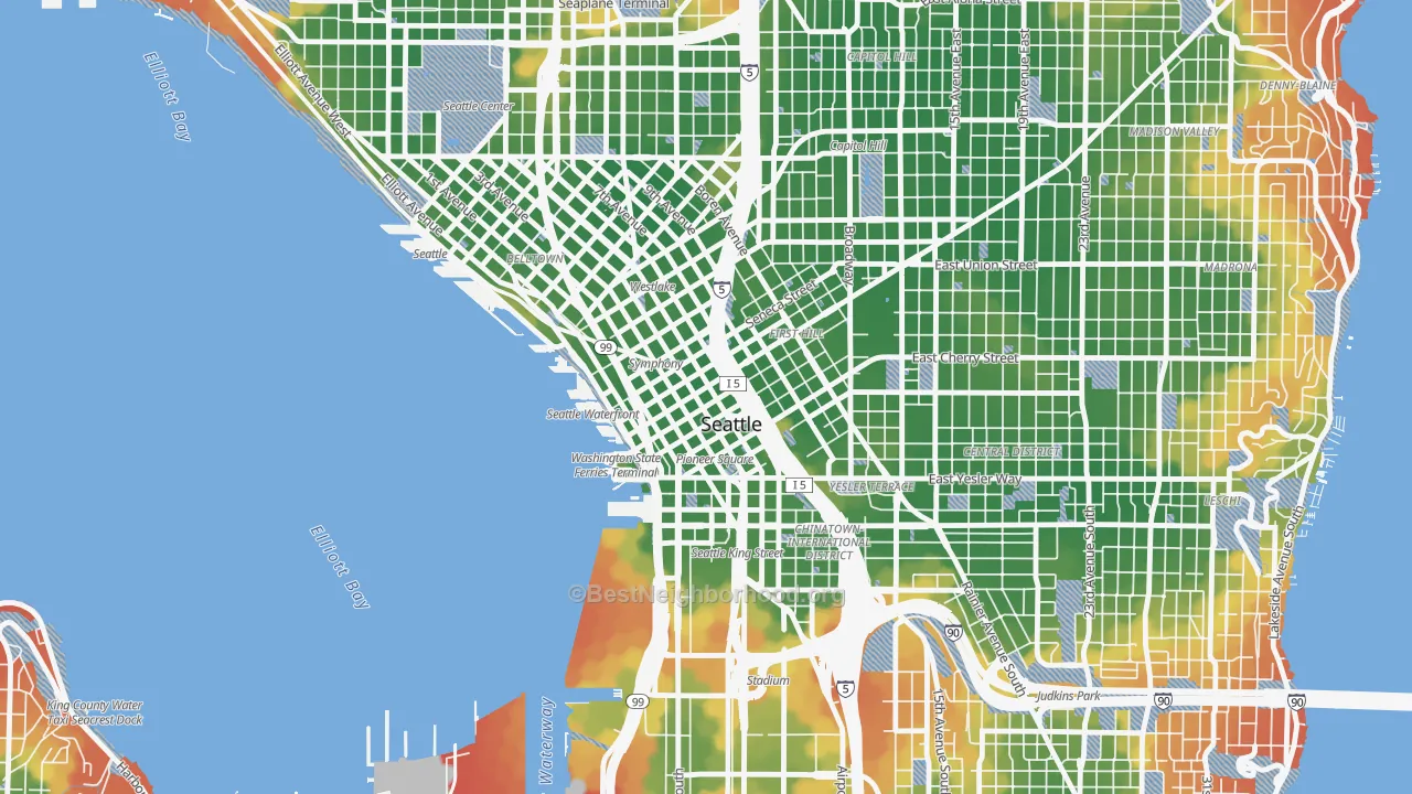 Walk Grade map of 98164, WA, walkable areas in green and car-dependent areas in red