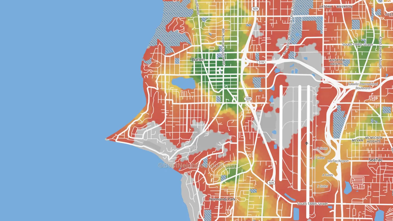 Walk Grade map of 98166, WA, walkable areas in green and car-dependent areas in red