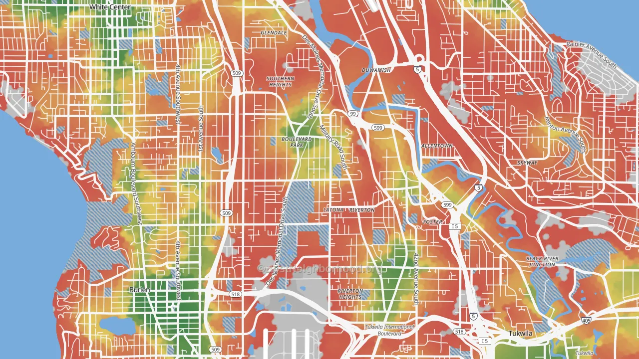 Walk Grade map of 98168, WA, walkable areas in green and car-dependent areas in red