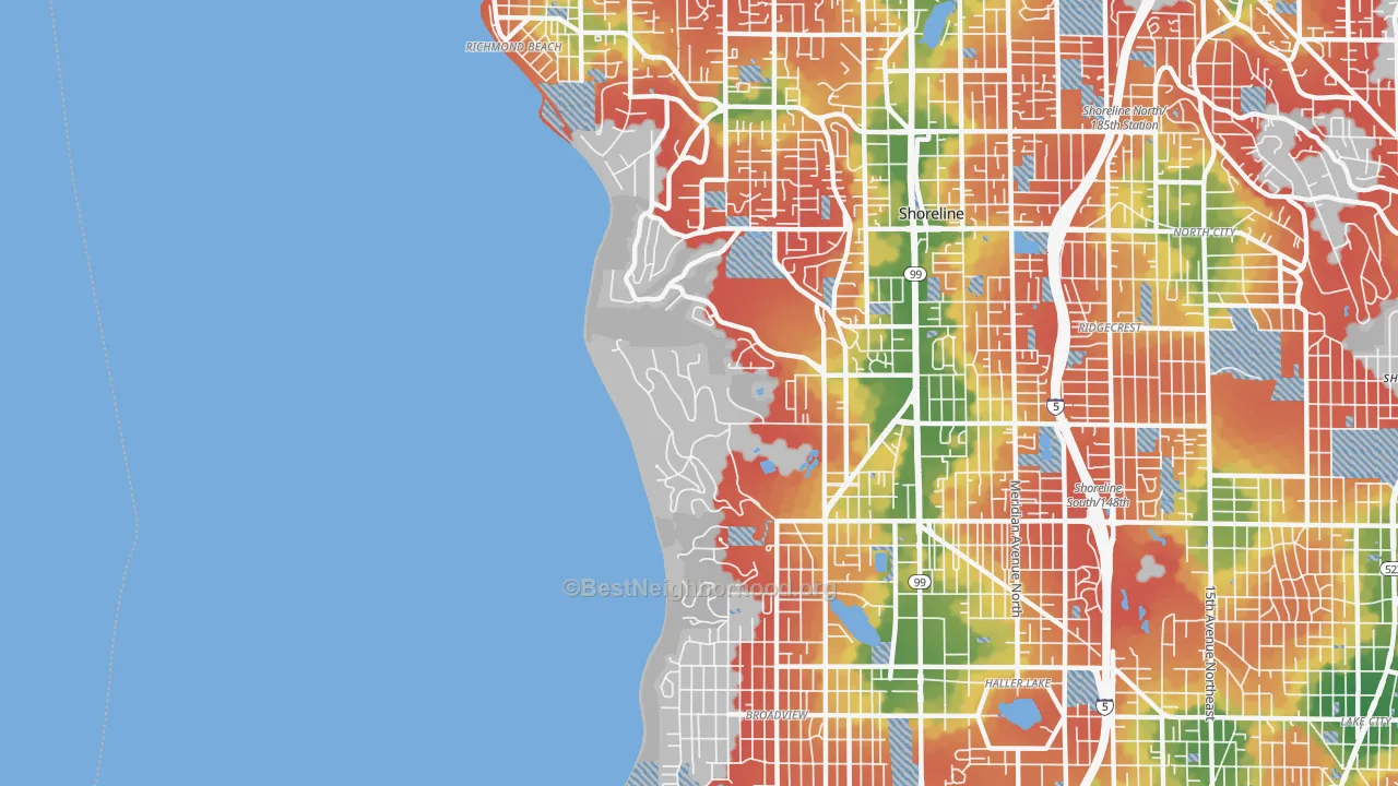 Walk Grade map of 98177, WA, walkable areas in green and car-dependent areas in red