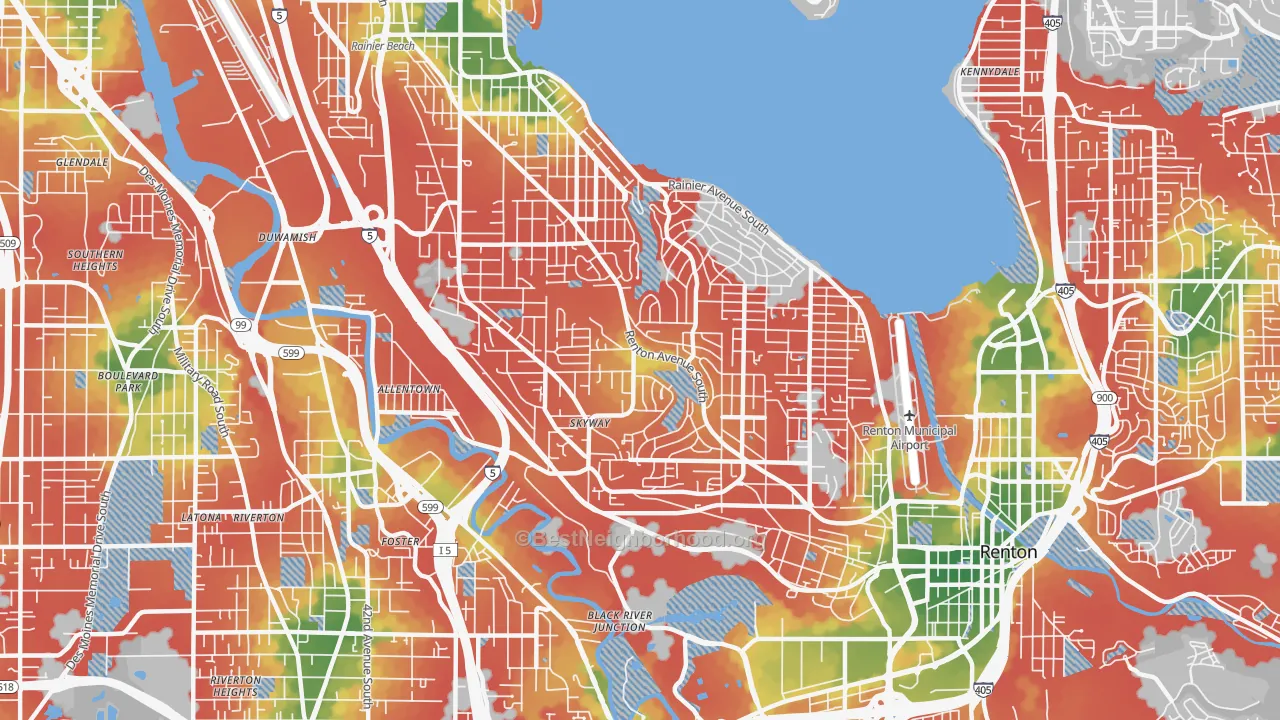 Walk Grade map of 98178, WA, walkable areas in green and car-dependent areas in red