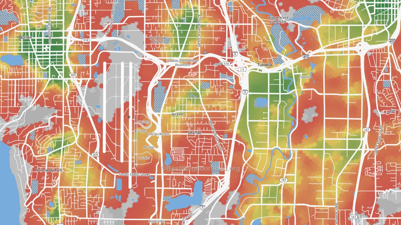 Walk Grade map of 98188, WA, walkable areas in green and car-dependent areas in red