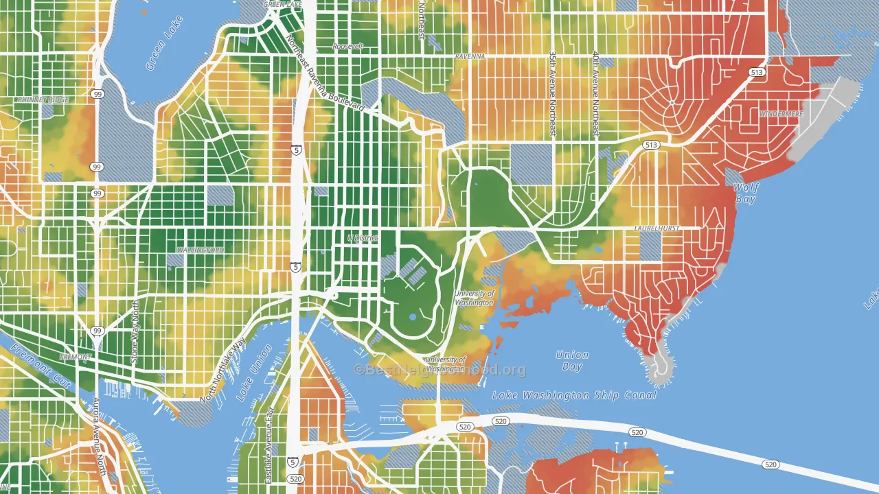 Walk Grade map of 98195, WA, walkable areas in green and car-dependent areas in red