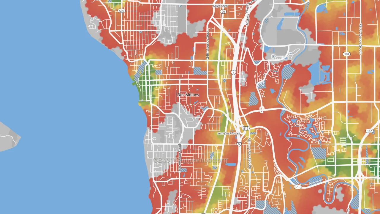 Walk Grade map of 98198, WA, walkable areas in green and car-dependent areas in red