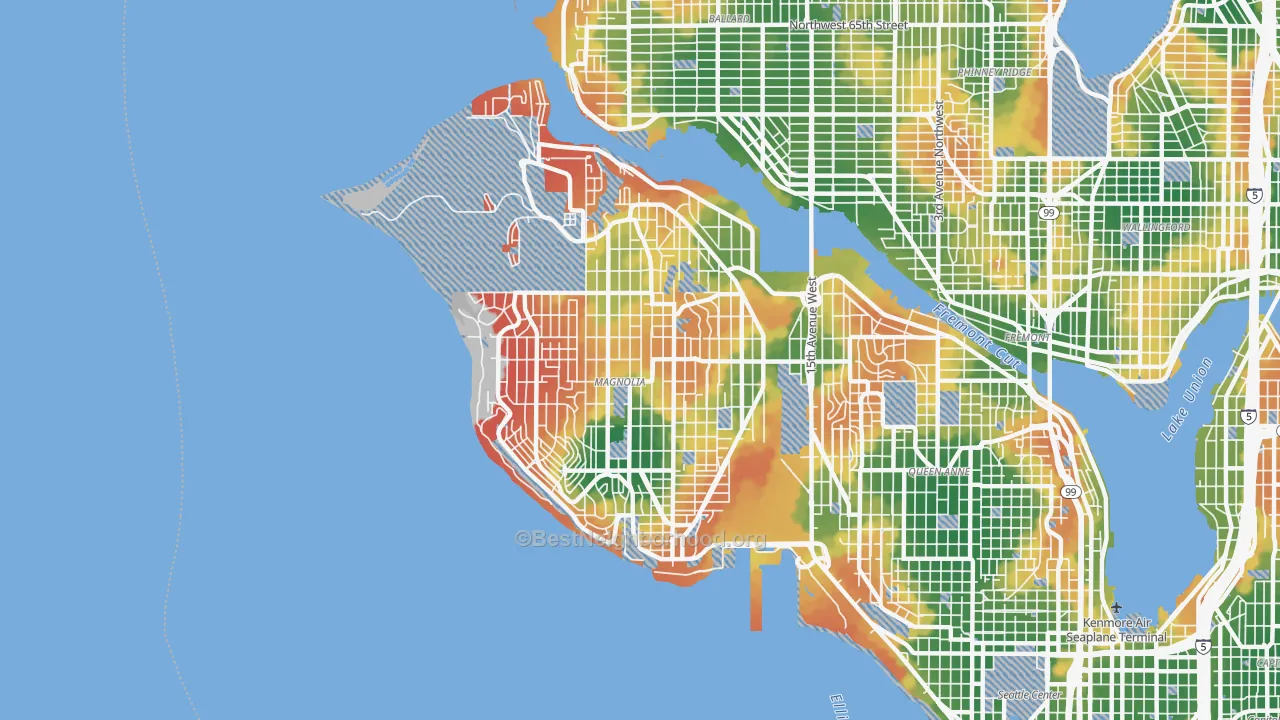 Walk Grade map of 98199, WA, walkable areas in green and car-dependent areas in red
