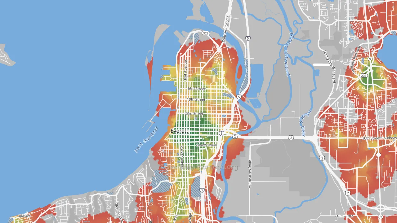 Walk Grade map of 98201, WA, walkable areas in green and car-dependent areas in red