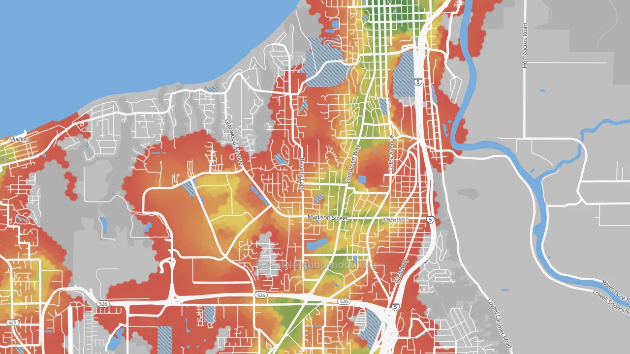 Walk Grade map of 98203, WA, walkable areas in green and car-dependent areas in red
