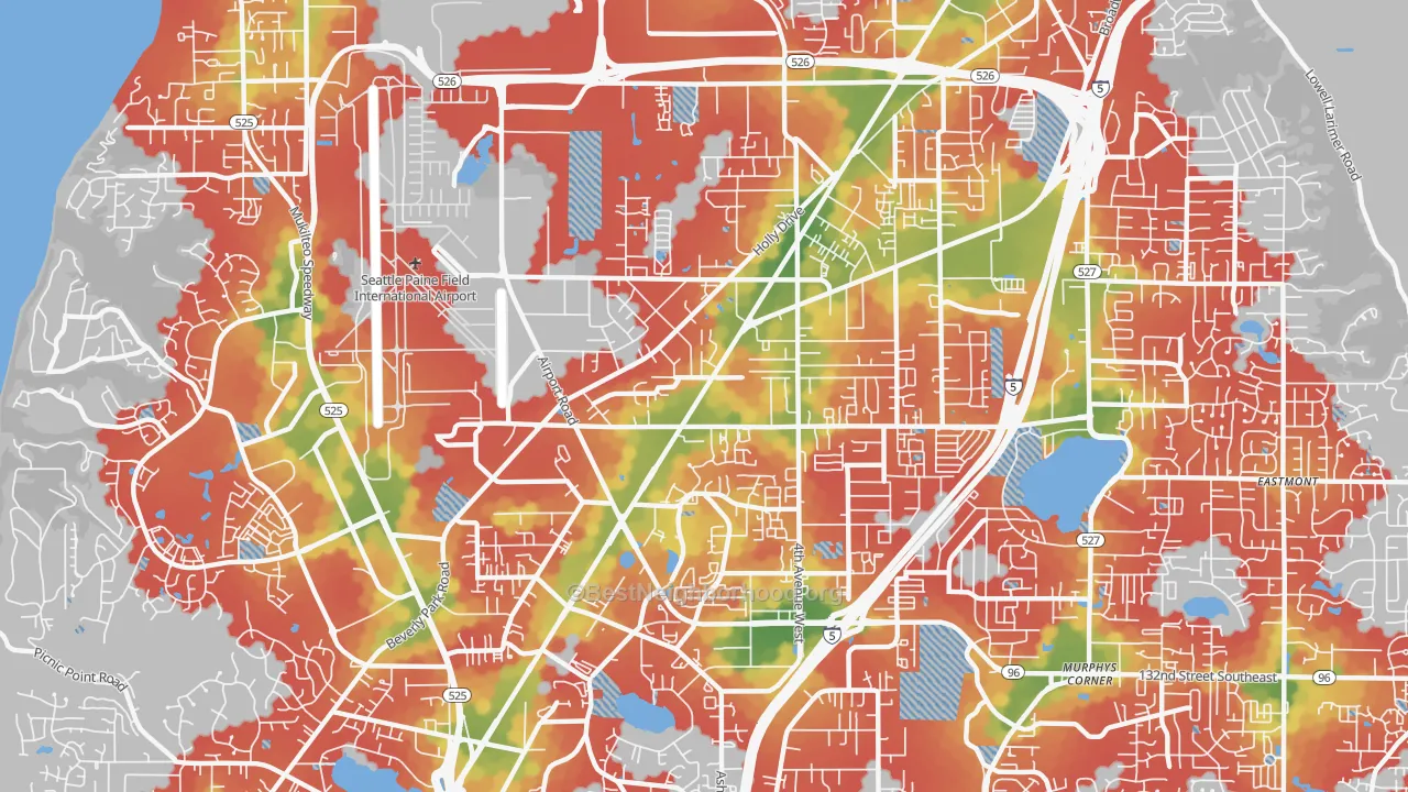 Walk Grade map of 98204, WA, walkable areas in green and car-dependent areas in red