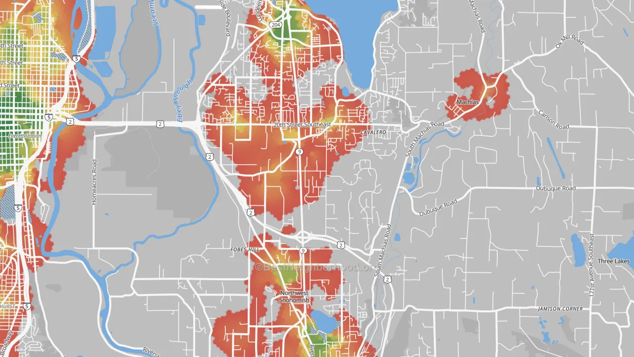 Walk Grade map of 98205, WA, walkable areas in green and car-dependent areas in red