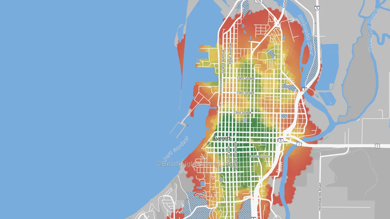 Walk Grade map of 98207, WA, walkable areas in green and car-dependent areas in red