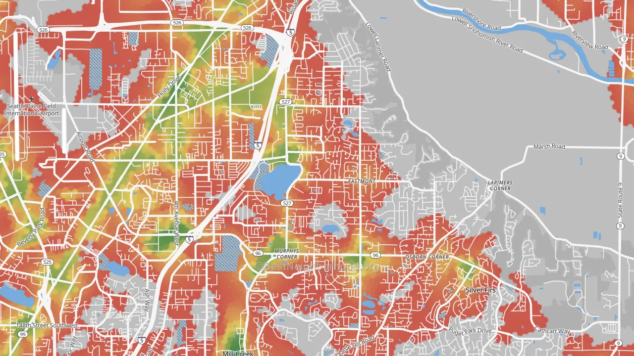 Walk Grade map of 98208, WA, walkable areas in green and car-dependent areas in red