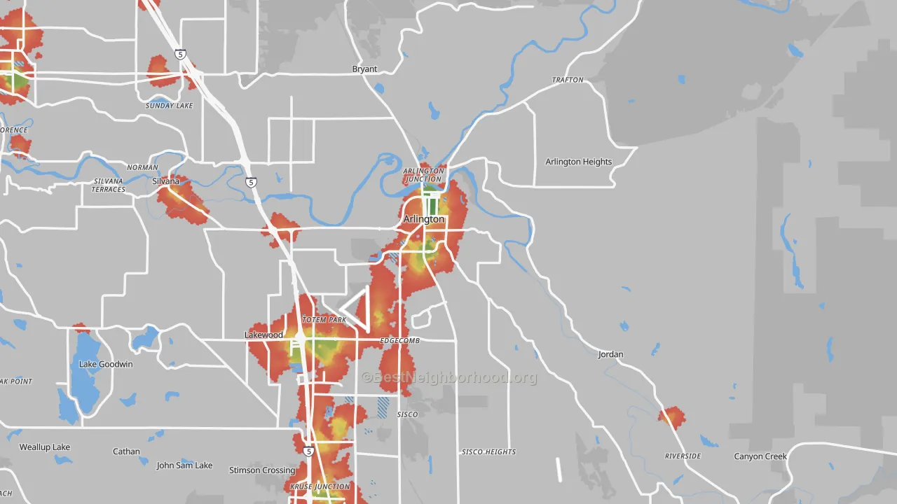 Walk Grade map of 98223, WA, walkable areas in green and car-dependent areas in red