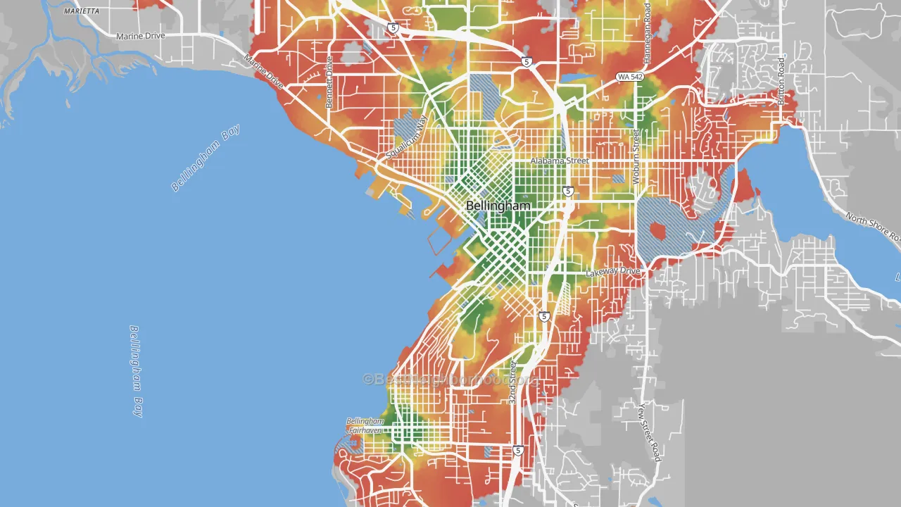Walk Grade map of 98225, WA, walkable areas in green and car-dependent areas in red