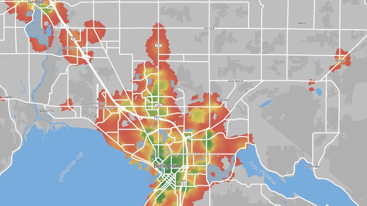 Walk Grade map of 98226, WA, walkable areas in green and car-dependent areas in red