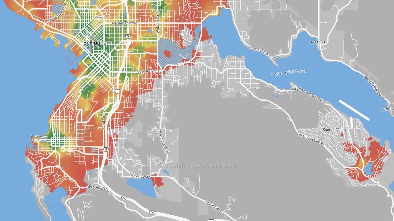 Walk Grade map of 98229, WA, walkable areas in green and car-dependent areas in red