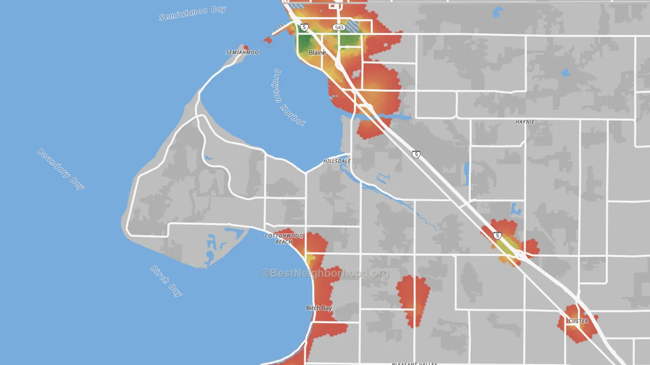 Walk Grade map of 98230, WA, walkable areas in green and car-dependent areas in red