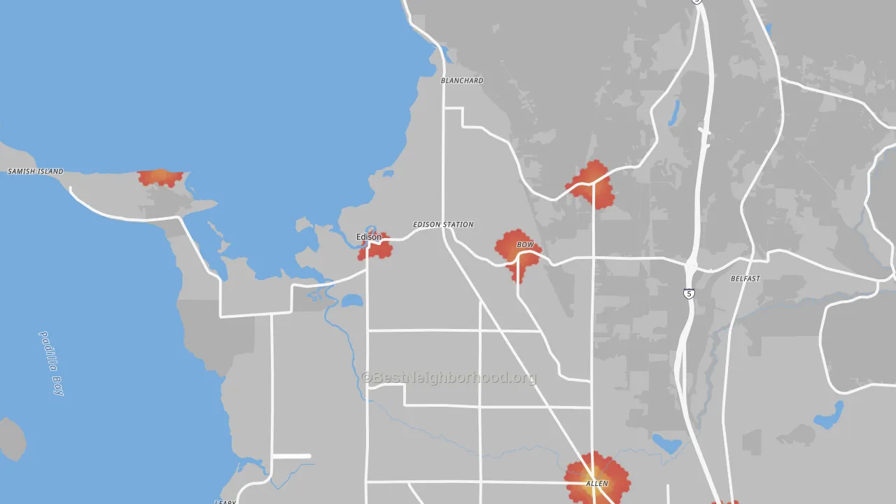 Walk Grade map of 98232, WA, walkable areas in green and car-dependent areas in red