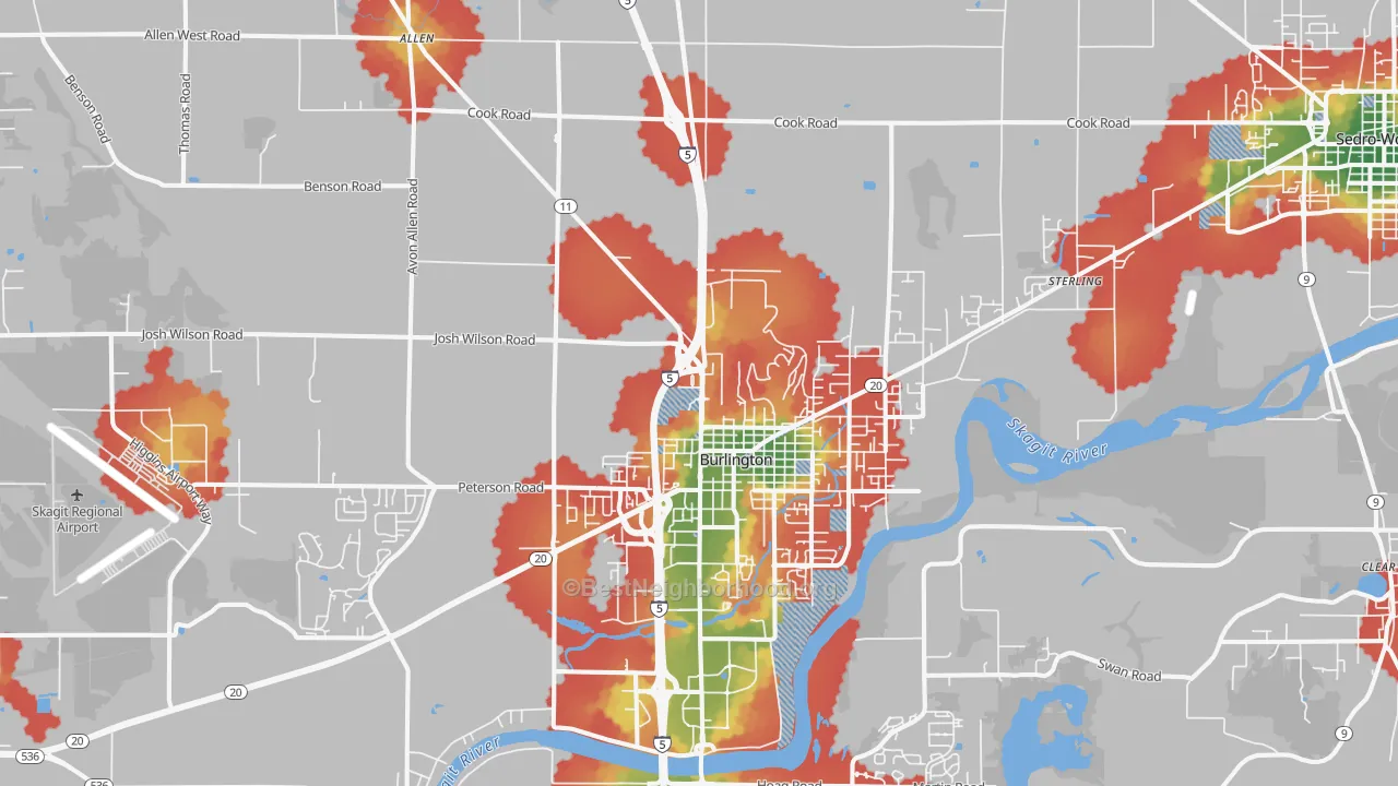 Walk Grade map of 98233, WA, walkable areas in green and car-dependent areas in red