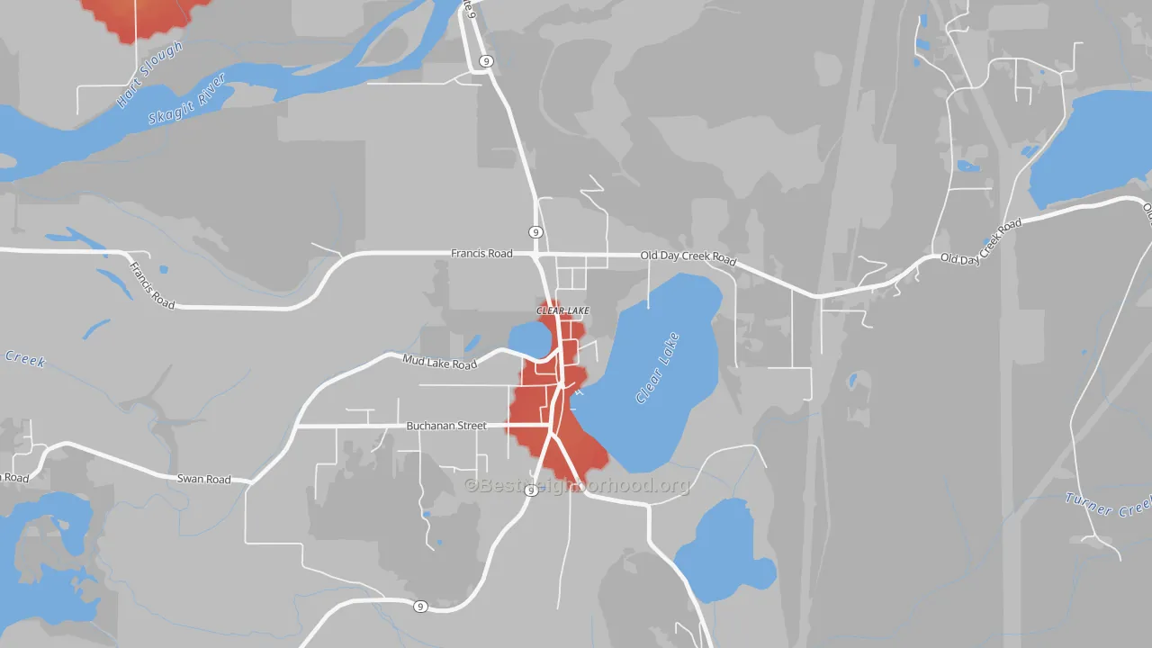 Walk Grade map of 98235, WA, walkable areas in green and car-dependent areas in red