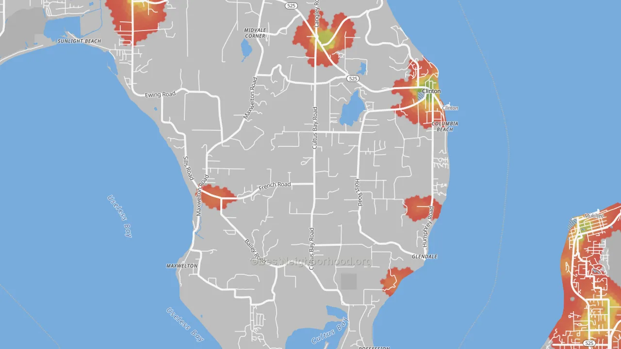 Walk Grade map of 98236, WA, walkable areas in green and car-dependent areas in red