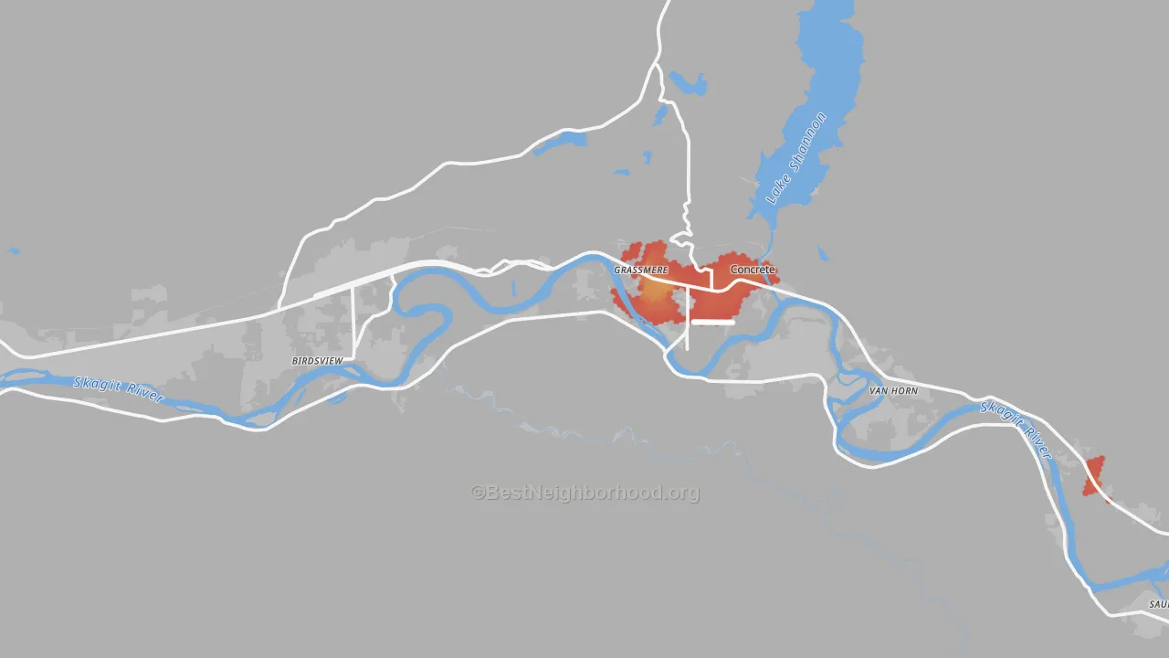 Walk Grade map of 98237, WA, walkable areas in green and car-dependent areas in red
