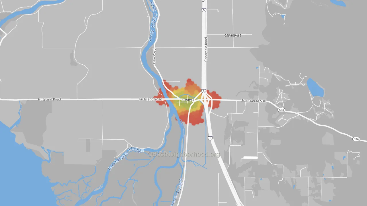 Walk Grade map of 98238, WA, walkable areas in green and car-dependent areas in red