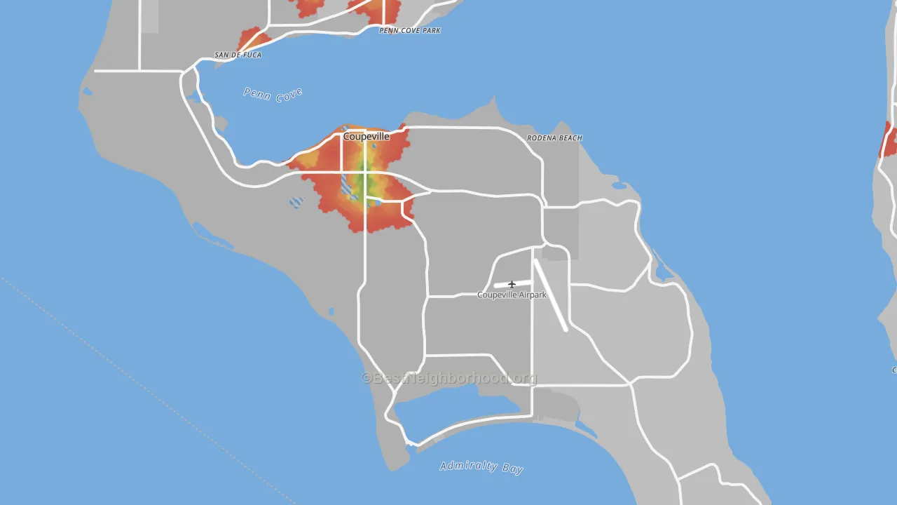 Walk Grade map of 98239, WA, walkable areas in green and car-dependent areas in red