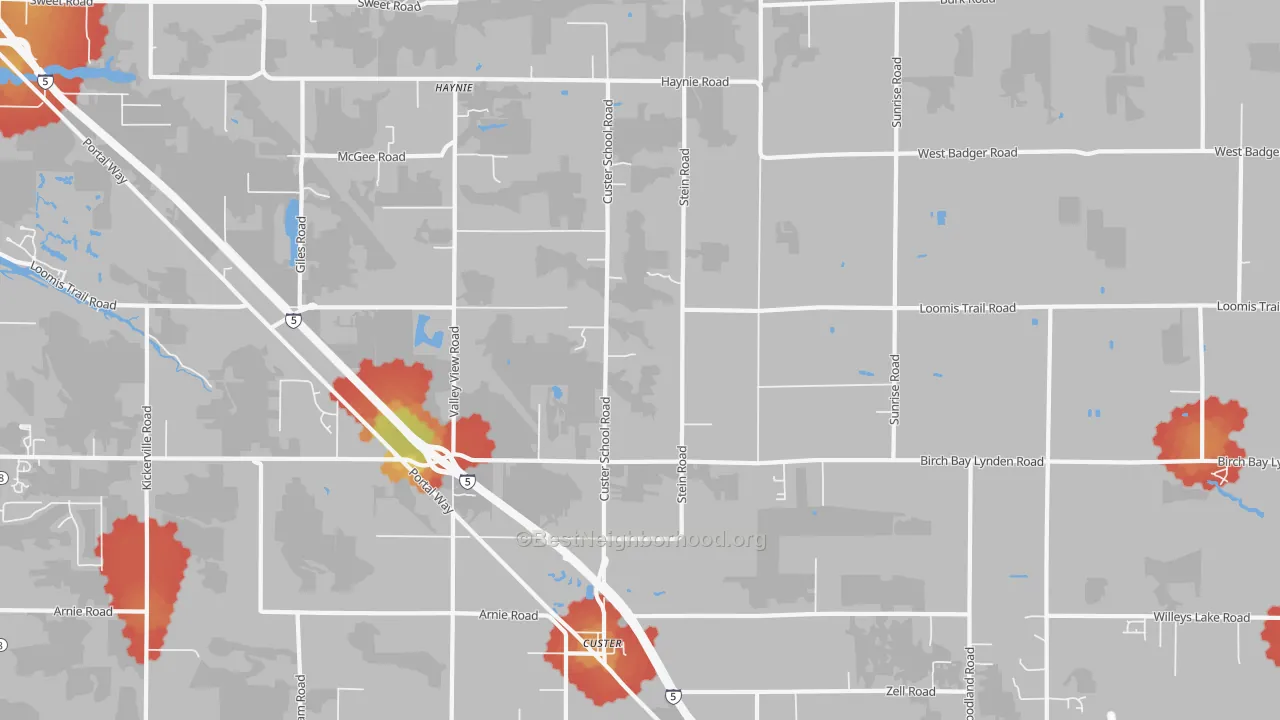 Walk Grade map of 98240, WA, walkable areas in green and car-dependent areas in red