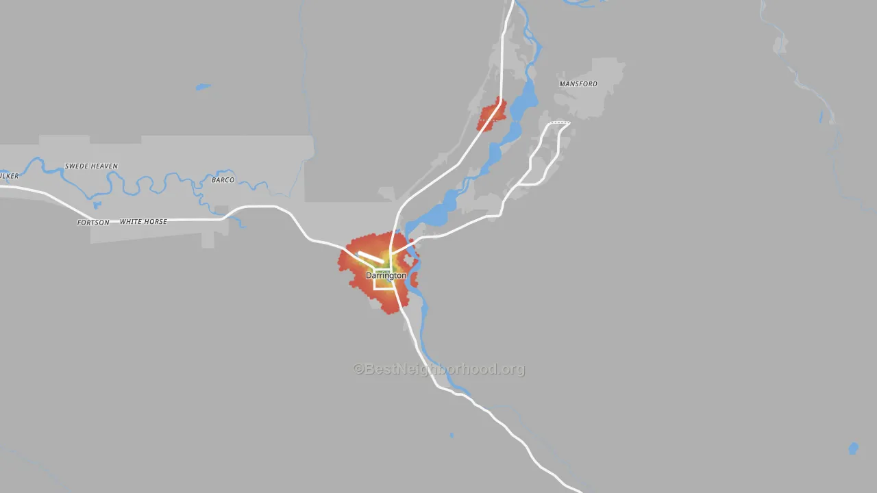 Walk Grade map of 98241, WA, walkable areas in green and car-dependent areas in red