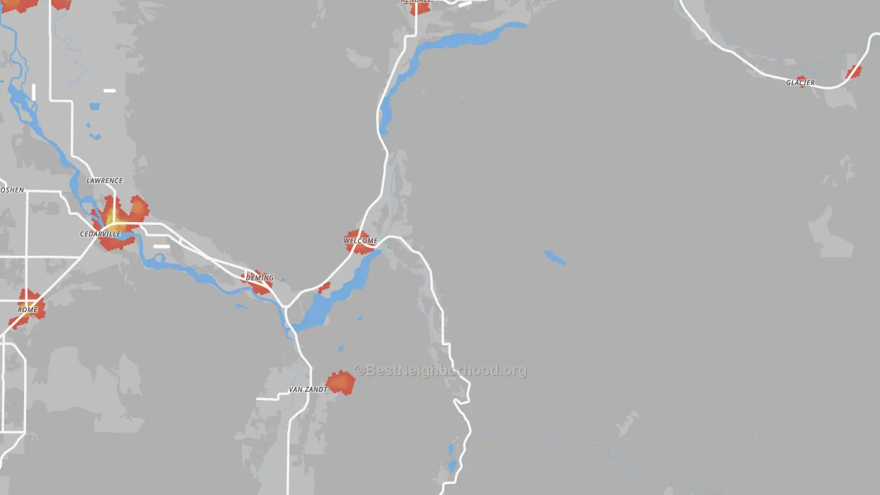 Walk Grade map of 98244, WA, walkable areas in green and car-dependent areas in red