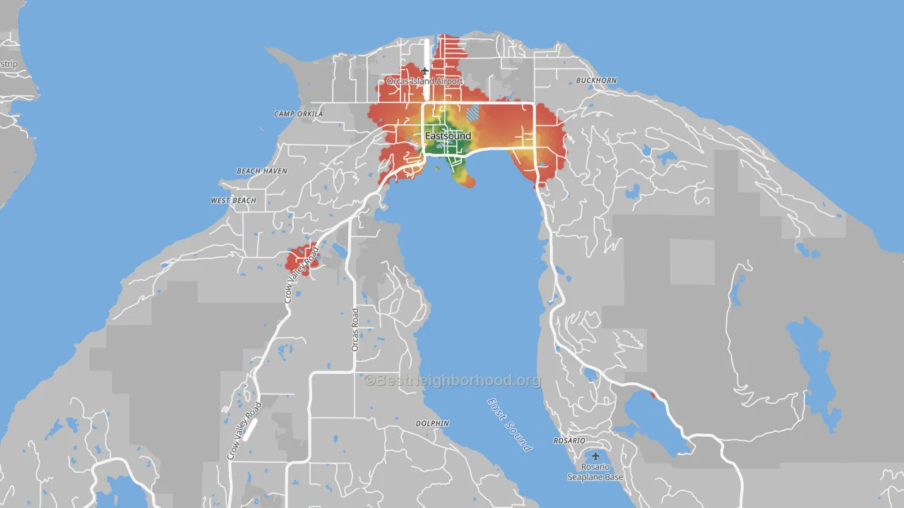 Walk Grade map of 98245, WA, walkable areas in green and car-dependent areas in red
