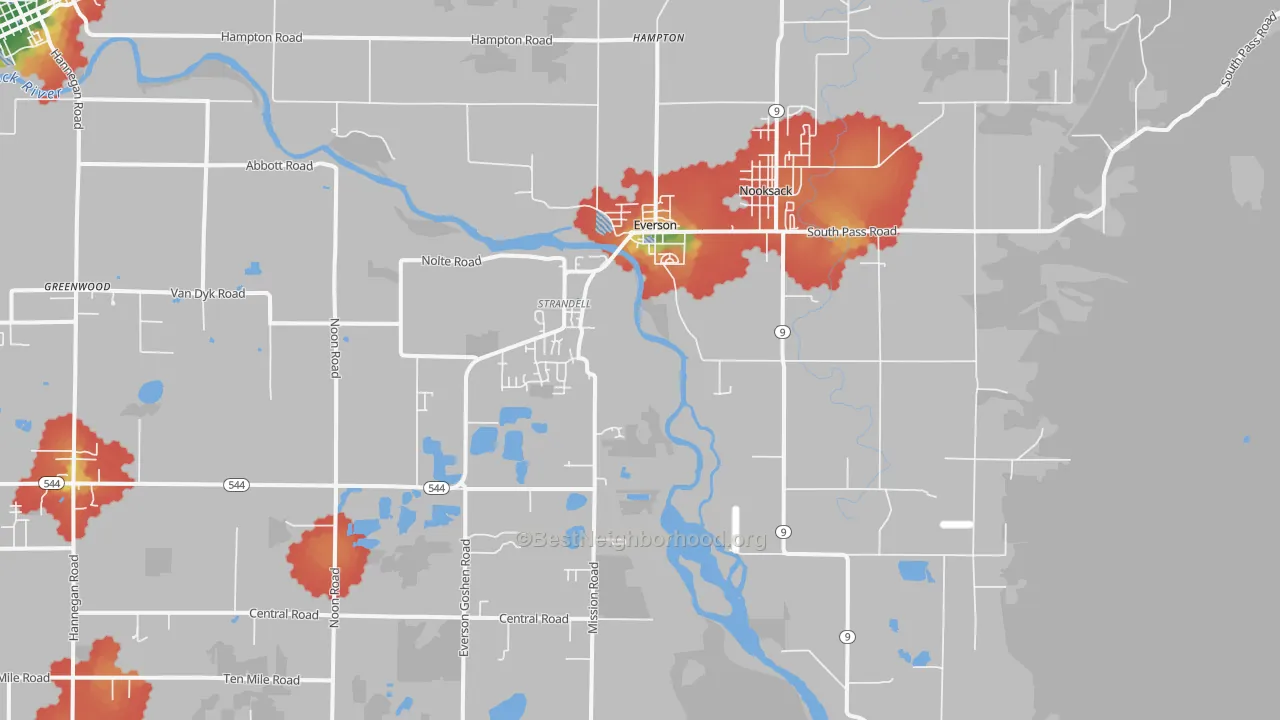 Walk Grade map of 98247, WA, walkable areas in green and car-dependent areas in red