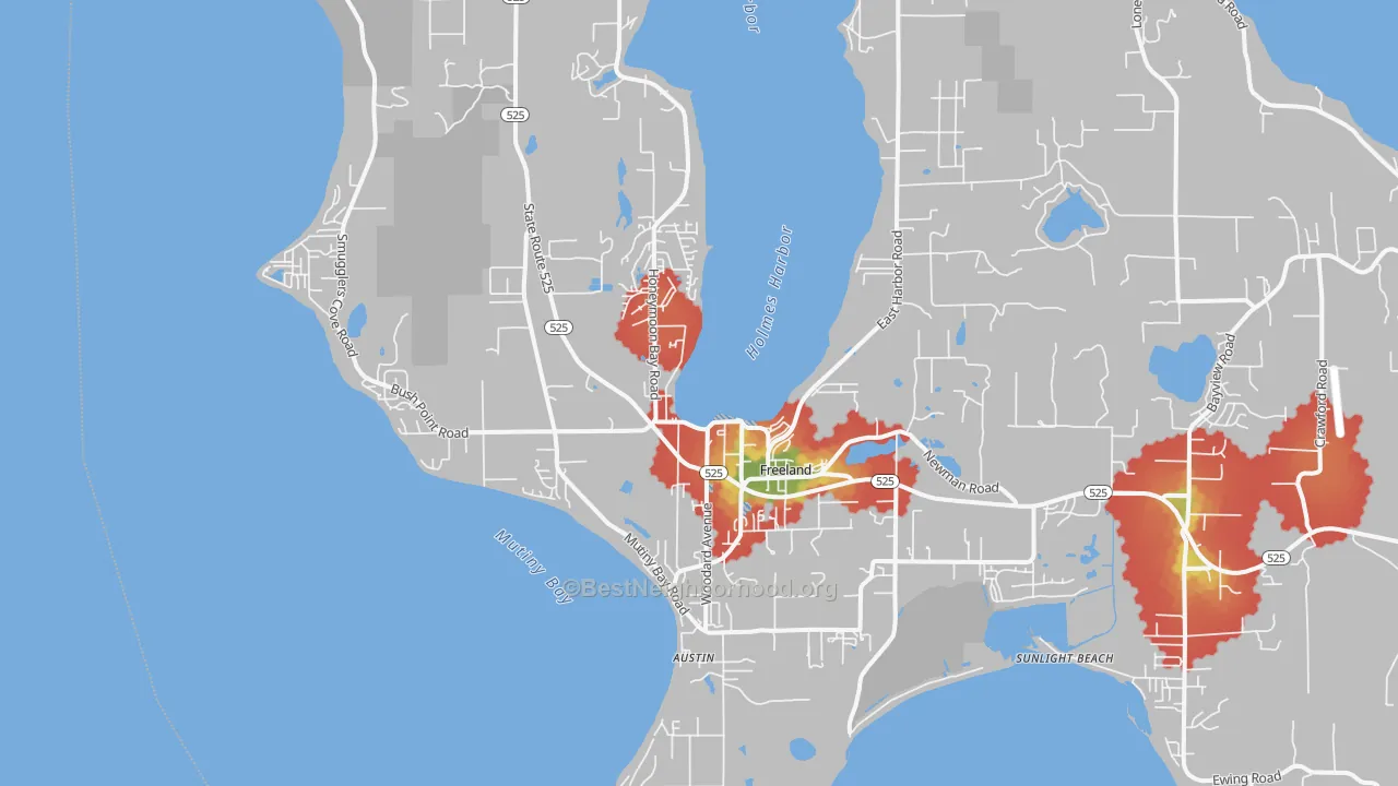 Walk Grade map of 98249, WA, walkable areas in green and car-dependent areas in red
