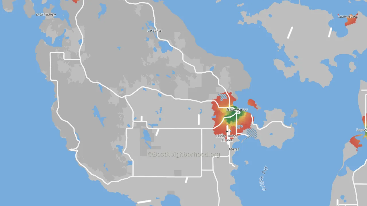 Walk Grade map of 98250, WA, walkable areas in green and car-dependent areas in red