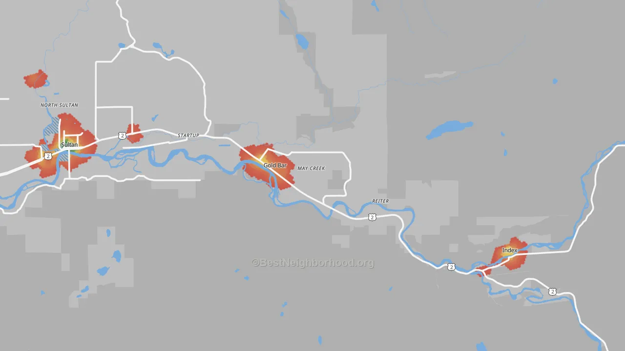 Walk Grade map of 98251, WA, walkable areas in green and car-dependent areas in red