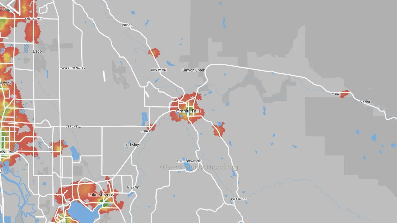 Walk Grade map of 98252, WA, walkable areas in green and car-dependent areas in red