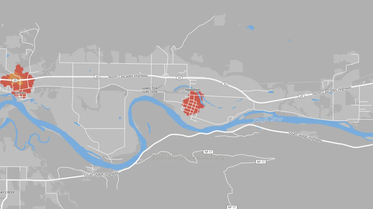 Walk Grade map of 98255, WA, walkable areas in green and car-dependent areas in red