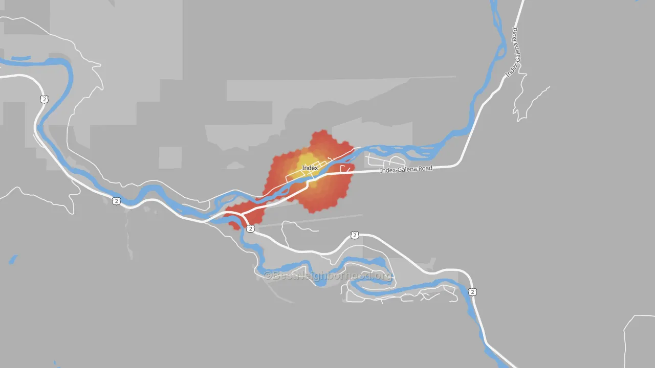 Walk Grade map of 98256, WA, walkable areas in green and car-dependent areas in red
