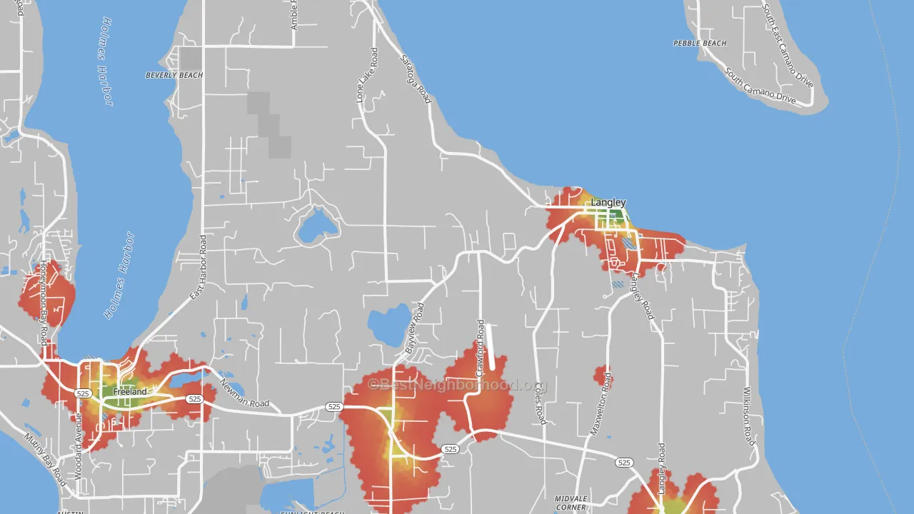 Walk Grade map of 98260, WA, walkable areas in green and car-dependent areas in red