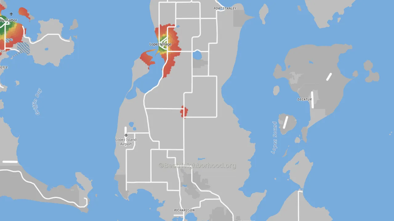 Walk Grade map of 98261, WA, walkable areas in green and car-dependent areas in red