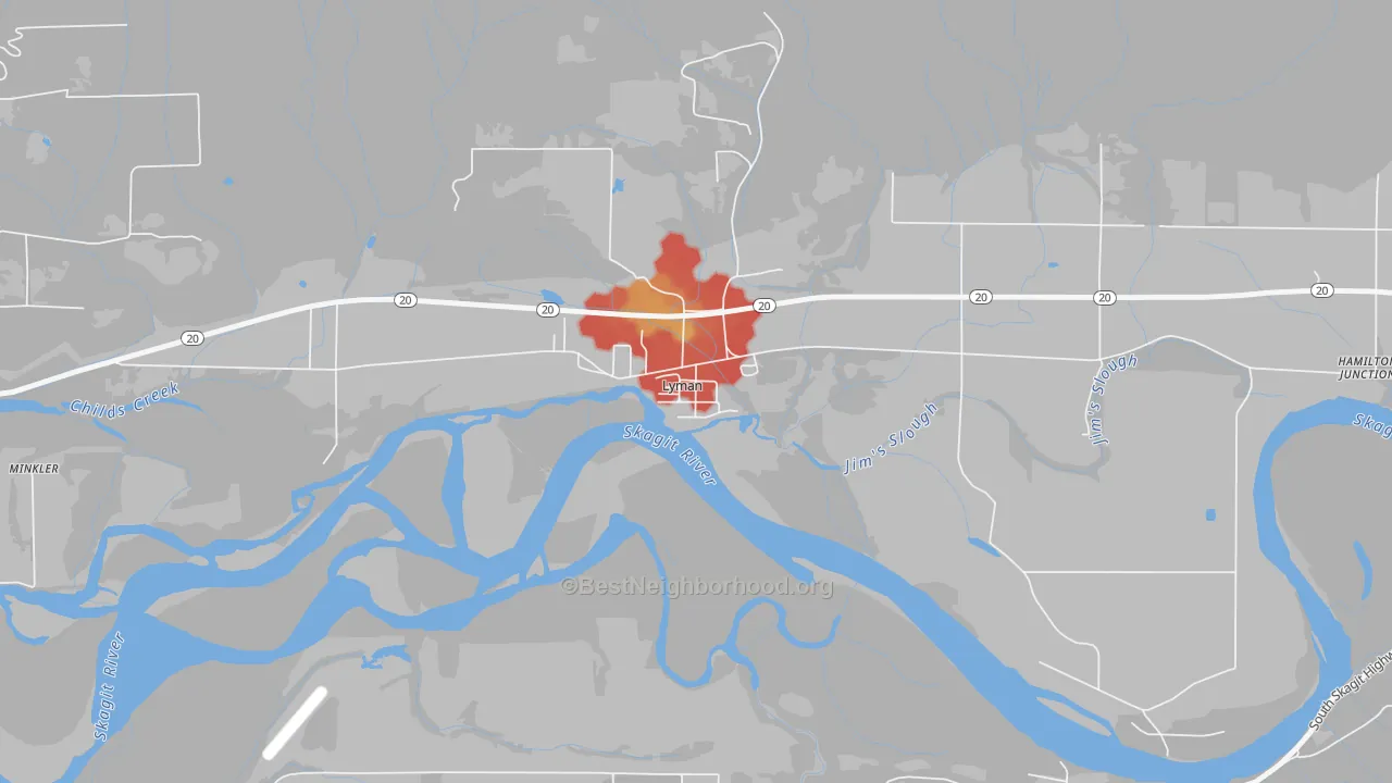 Walk Grade map of 98263, WA, walkable areas in green and car-dependent areas in red