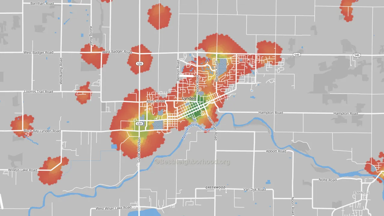 Walk Grade map of 98264, WA, walkable areas in green and car-dependent areas in red