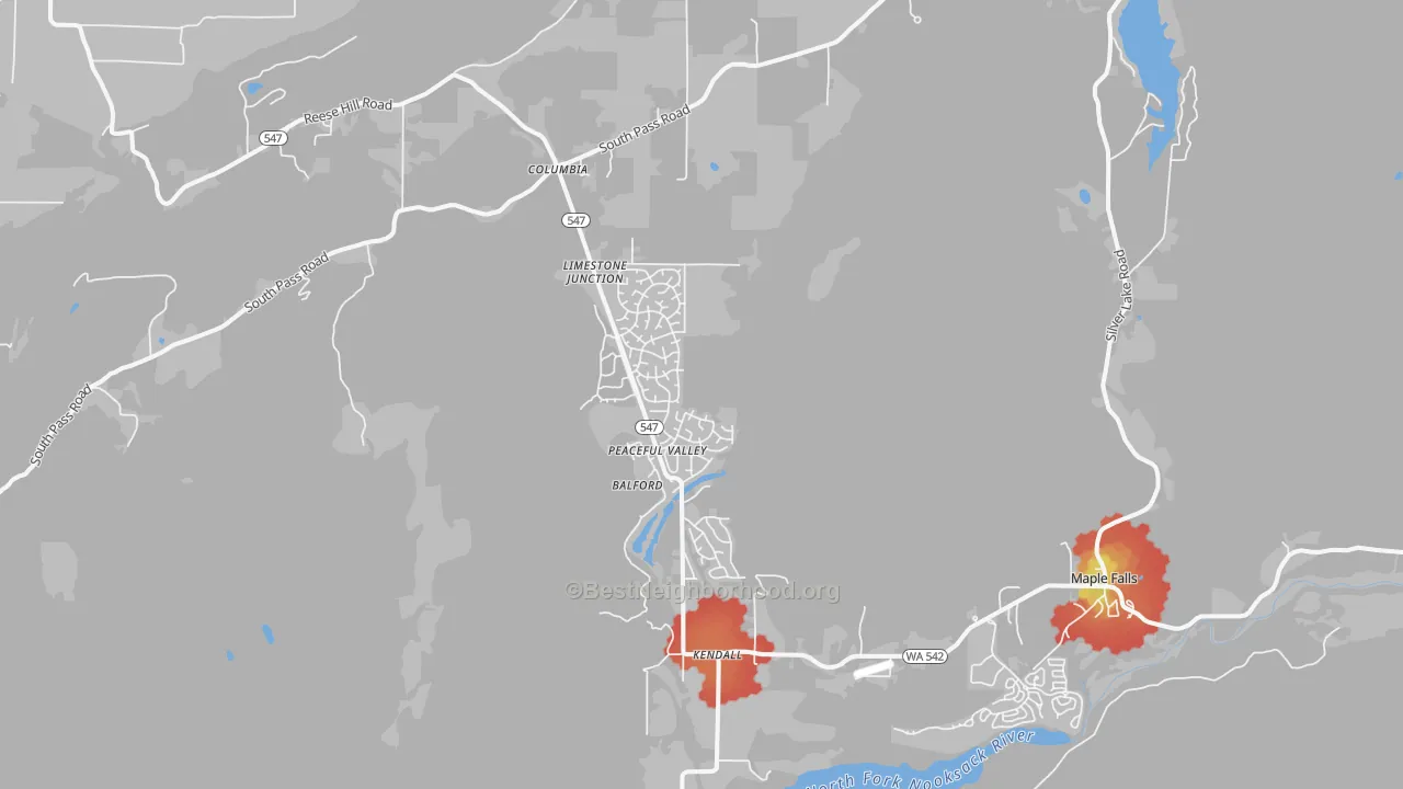 Walk Grade map of 98266, WA, walkable areas in green and car-dependent areas in red